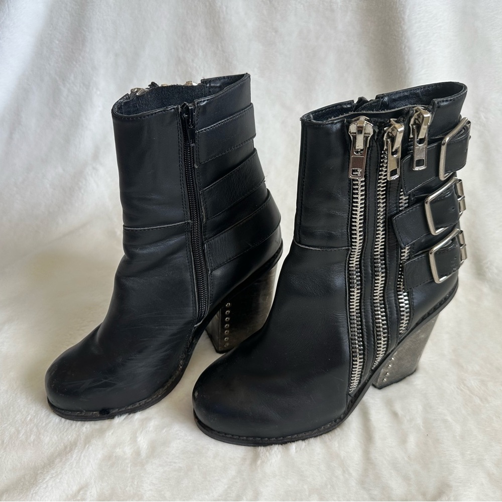 Jeffrey Campbell Leather Lowrey Black Heeled Booties with Chunky Heel